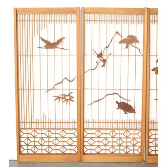 鶴亀木彫組子書院 4枚1組　R0359 