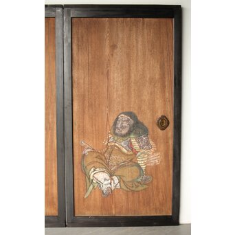 紅葉に鹿 唐人図 板絵板戸 2枚1組　B1050 