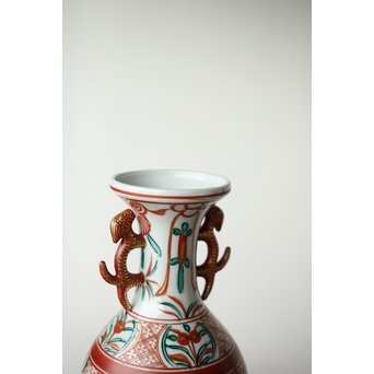 永楽善五郎 赤絵龍耳花入 即中斎箱 永楽桃色真田紐　P424 