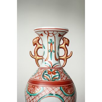 永楽善五郎 赤絵龍耳花入 即中斎箱 永楽桃色真田紐　P424 