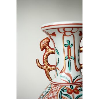 永楽善五郎 赤絵龍耳花入 即中斎箱 永楽桃色真田紐　P424 