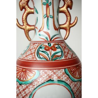 永楽善五郎 赤絵龍耳花入 即中斎箱 永楽桃色真田紐　P424 