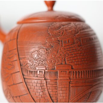 常滑 吉川雪堂作 壺堂刻 合作 朱泥細密彫急須 皇太子殿下御成婚記念　P428 