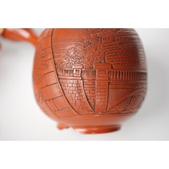 常滑 吉川雪堂作 壺堂刻 合作 朱泥細密彫急須 皇太子殿下御成婚記念　P428 