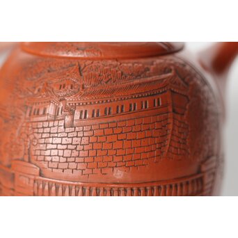 常滑 吉川雪堂作 壺堂刻 合作 朱泥細密彫急須 皇太子殿下御成婚記念　P428 