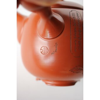 常滑 吉川雪堂作 壺堂刻 合作 朱泥細密彫急須 皇太子殿下御成婚記念　P428 