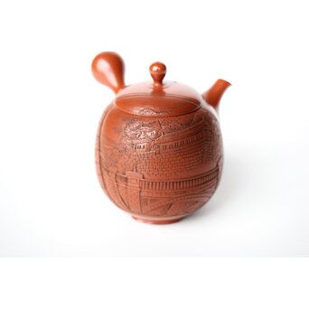 常滑 吉川雪堂作 壺堂刻 合作 朱泥細密彫急須 皇太子殿下御成婚記念　P428 