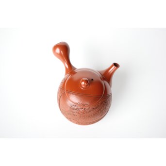 常滑 吉川雪堂作 壺堂刻 合作 朱泥細密彫急須 皇太子殿下御成婚記念　P428 