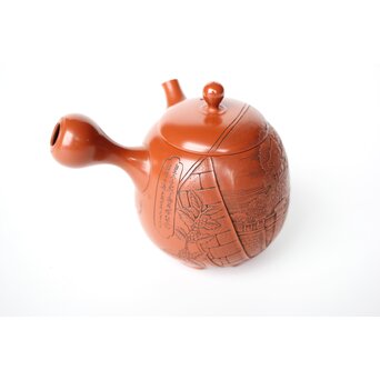 常滑 吉川雪堂作 壺堂刻 合作 朱泥細密彫急須 皇太子殿下御成婚記念　P428 