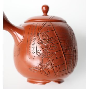 常滑 吉川雪堂作 壺堂刻 合作 朱泥細密彫急須 皇太子殿下御成婚記念　P428 