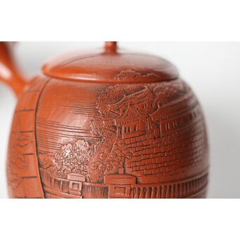 常滑 吉川雪堂作 壺堂刻 合作 朱泥細密彫急須 皇太子殿下御成婚記念　P428 