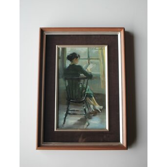 木下孝則「読書する女」6号 油彩画 額装 日動画廊シール　Z447 