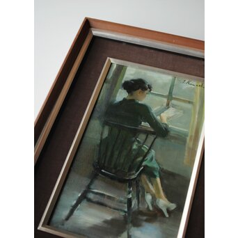 木下孝則「読書する女」6号 油彩画 額装 日動画廊シール　Z447 