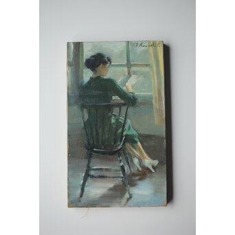 木下孝則「読書する女」6号 油彩画 額装 日動画廊シール　Z447
