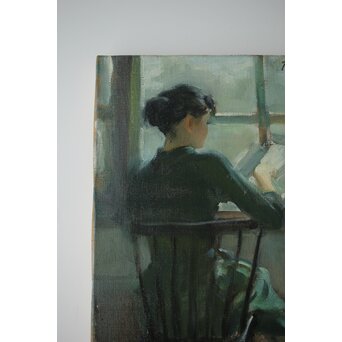 木下孝則「読書する女」6号 油彩画 額装 日動画廊シール　Z447 