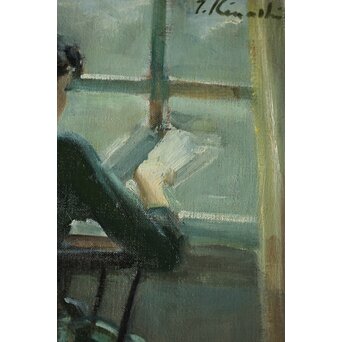 木下孝則「読書する女」6号 油彩画 額装 日動画廊シール　Z447 