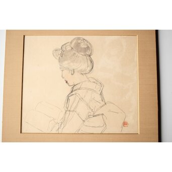 橋本関雪 素描【舞妓】橋本雪屋識 額装　Z449 
