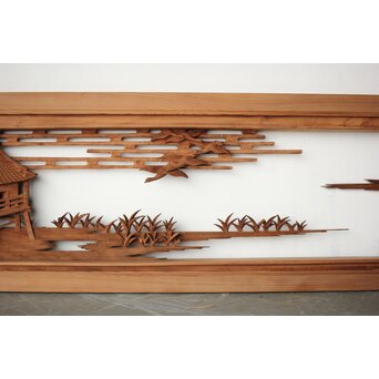 大島五雲 井波彫刻 長尺木彫欄間 【近江八景 堅田落雁】　R0370 