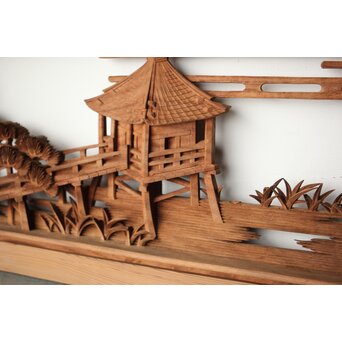 大島五雲 井波彫刻 長尺木彫欄間 【近江八景 堅田落雁】　R0370 