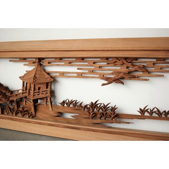 大島五雲 井波彫刻 長尺木彫欄間 【近江八景 堅田落雁】　R0370 