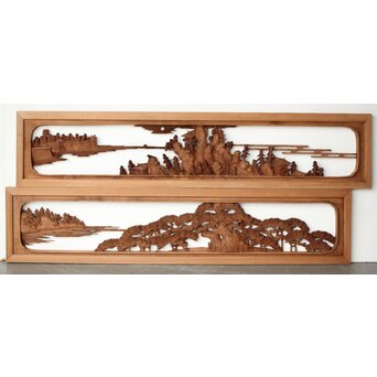 大島五雲 井波彫刻 木彫欄間 【近江八景 石山秋月/粟津晴嵐】2枚1組　R0371