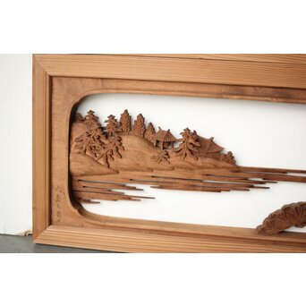 大島五雲 井波彫刻 木彫欄間 【近江八景 石山秋月/粟津晴嵐】2枚1組　R0371 こちらは近江八景の粟津晴嵐　松の並木通りを表現したものでしょうか