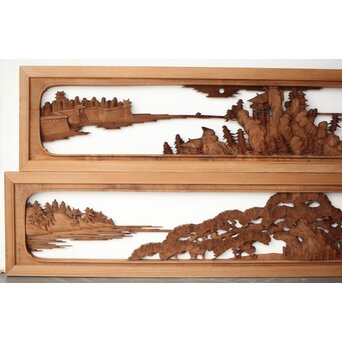 大島五雲 井波彫刻 木彫欄間 【近江八景 石山秋月/粟津晴嵐】2枚1組　R0371 