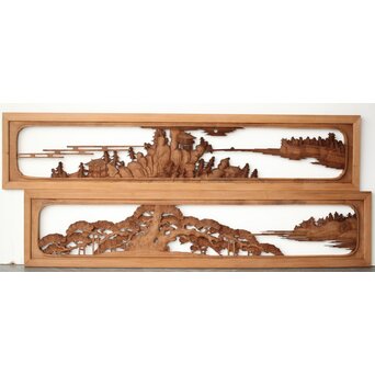 大島五雲 井波彫刻 木彫欄間 【近江八景 石山秋月/粟津晴嵐】2枚1組　R0371 ウラ