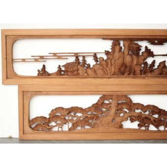 大島五雲 井波彫刻 木彫欄間 【近江八景 石山秋月/粟津晴嵐】2枚1組　R0371 