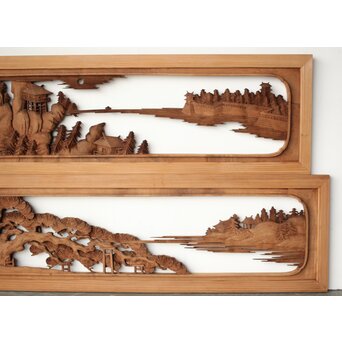 大島五雲 井波彫刻 木彫欄間 【近江八景 石山秋月/粟津晴嵐】2枚1組　R0371 