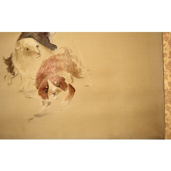 高島屋画室か 竹内栖鳳下絵 仔犬図 刺繍絵画額装　Z456 