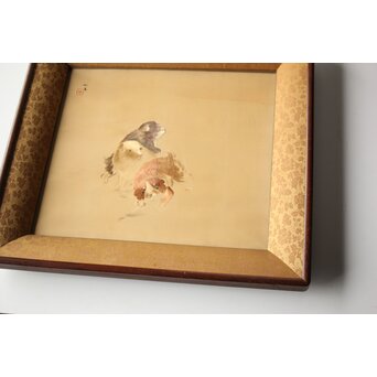 高島屋画室か 竹内栖鳳下絵 仔犬図 刺繍絵画額装　Z456 