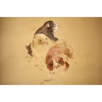 高島屋画室か 竹内栖鳳下絵 仔犬図 刺繍絵画額装　Z456 