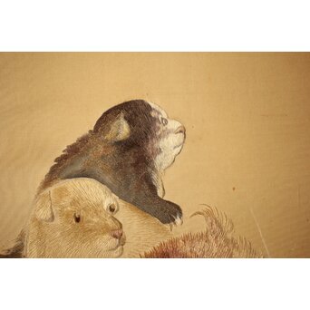 高島屋画室か 竹内栖鳳下絵 仔犬図 刺繍絵画額装　Z456 