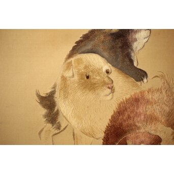 高島屋画室か 竹内栖鳳下絵 仔犬図 刺繍絵画額装　Z456 