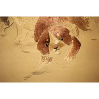 高島屋画室か 竹内栖鳳下絵 仔犬図 刺繍絵画額装　Z456 