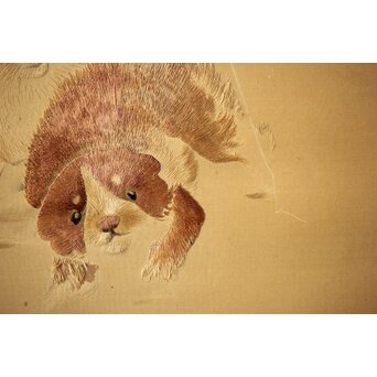 高島屋画室か 竹内栖鳳下絵 仔犬図 刺繍絵画額装　Z456 