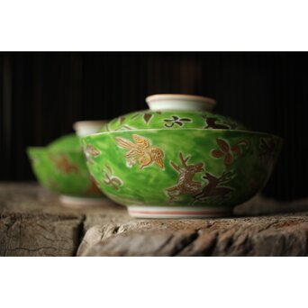 美術商 貴多川 青釉地金襴手蓋向 10客　P441 