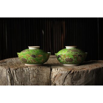 美術商 貴多川 青釉地金襴手蓋向 10客　P441