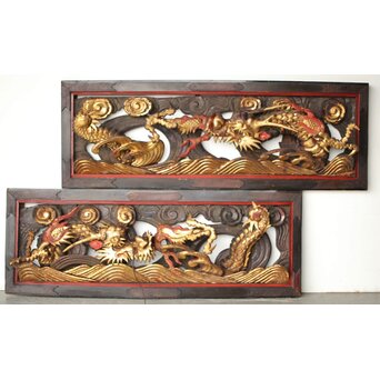 寺院彫刻金彩木彫欄間 龍 2枚1組　R0373