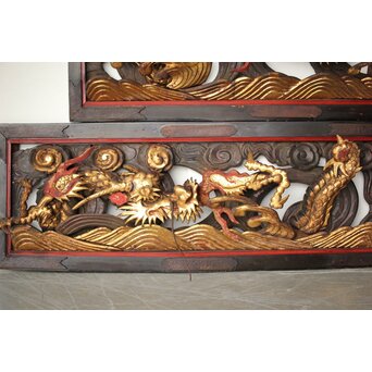 寺院彫刻金彩木彫欄間 龍 2枚1組　R0373 