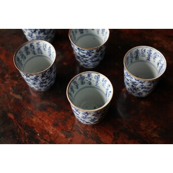 古伊万里 唐草漢詩 煎茶碗 5客1組　P444 