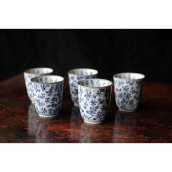 古伊万里 唐草漢詩 煎茶碗 5客1組　P444