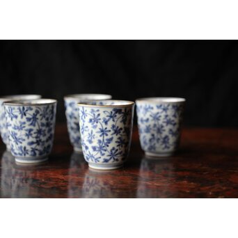 古伊万里 唐草漢詩 煎茶碗 5客1組　P444 