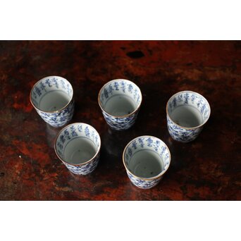 古伊万里 唐草漢詩 煎茶碗 5客1組　P444 