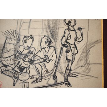 木村荘八 時代小説挿絵 肉筆原画 木村初枝鑑定額装　Z471 