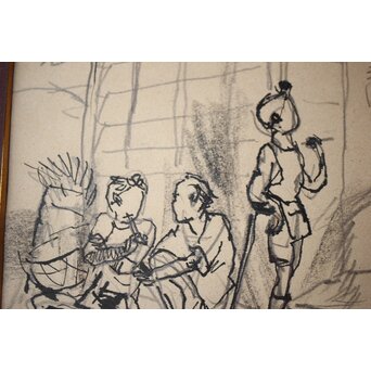 木村荘八 時代小説挿絵 肉筆原画 木村初枝鑑定額装　Z471 