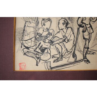 木村荘八 時代小説挿絵 肉筆原画 木村初枝鑑定額装　Z471 