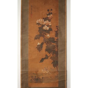 女流画家 桜井雪保 南画風花鳥図 絹本軸装　Z475 