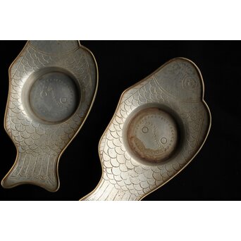 唐物 朱石梅製 魚型真鍮覆輪 錫茶托 6客1組　M401 